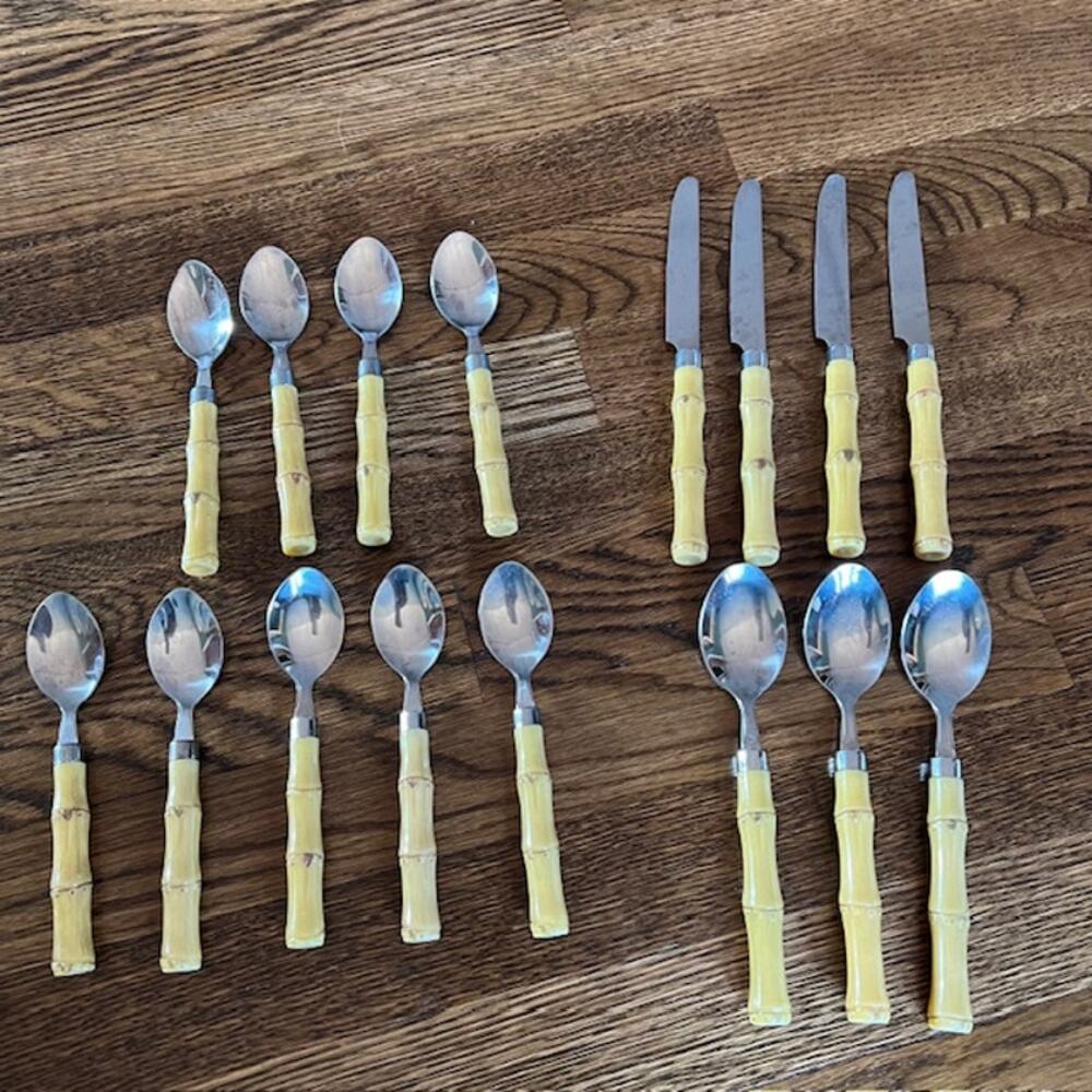 VTG Faux Bamboo Handle Stainless Steel Flatware Tiki Tropical Boho - 16 pieces
